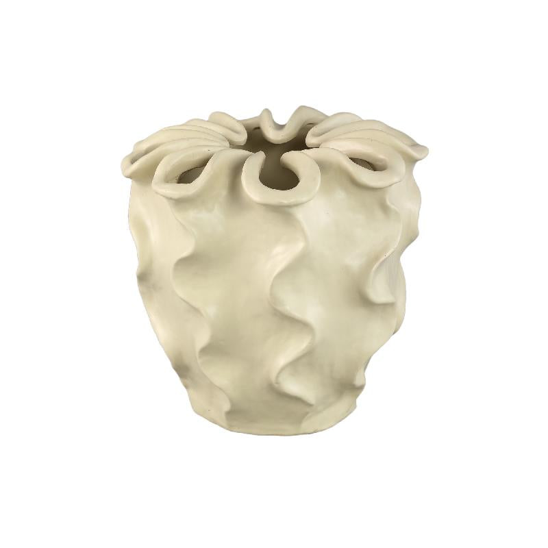 Flower pot – Cream-colored surface, Matte finish, Wavy pattern, Stoneware, L – Rudie | PTMD