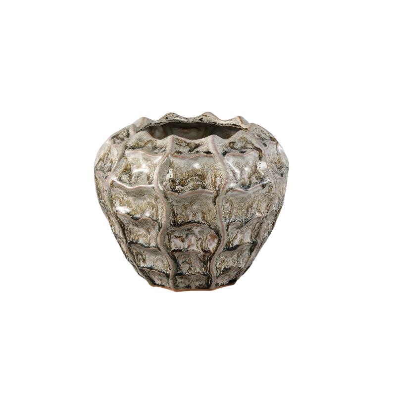 Pot - Cream-coloured surface, Round shape, Wavy structure, Stoneware, S - Cedric | PTMD