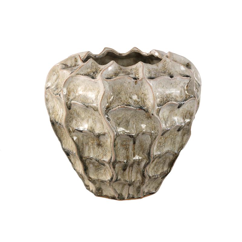 Pot – Cream-colored Surface, Round Shape, Wavy Texture, Stoneware, XL – Cedric | PTMD