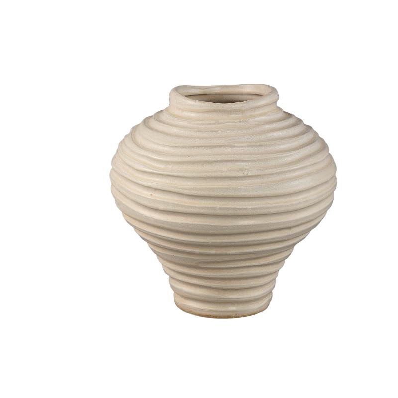 Vase – Beigefarbene Oberfläche, Runde Form, Bauchige Form, Gerippte Struktur, Keramik, M – Mickie | PTMD