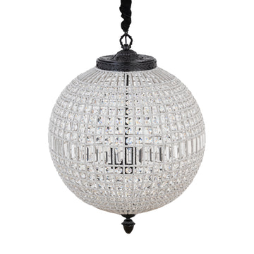 Pendant lamp made of crystal, glass and metal, globe design, anthracite-colored look, with canopy, L – Jaris | PTMD