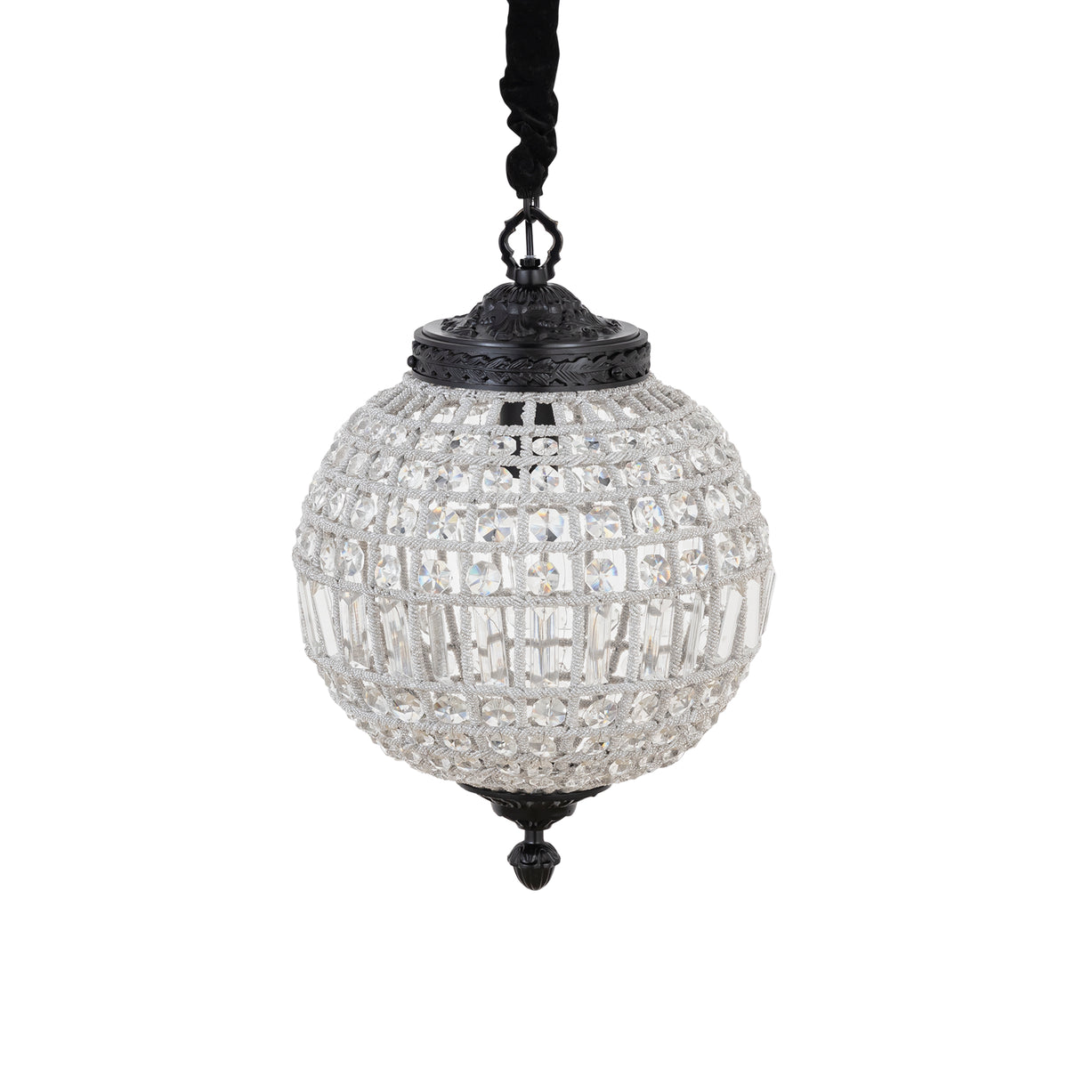Hanging lamp made of crystal, glass and metal, globe design, anthracite look, with canopy, S – Jaris | PTMD