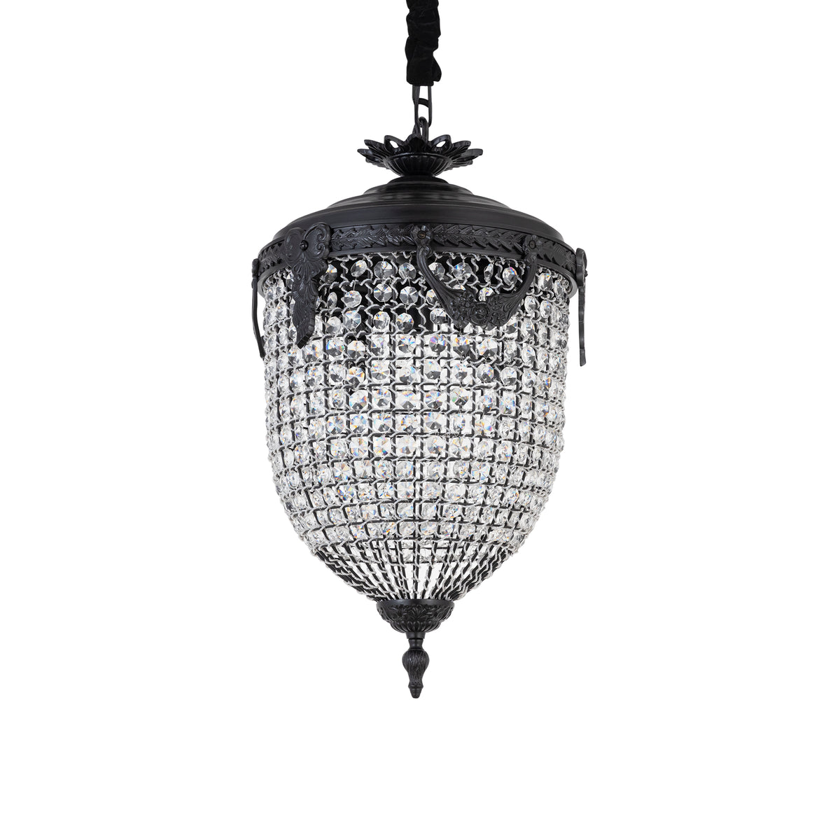 Pendelleuchte aus Kristall, Glas und Metall, ovales Klassik-Design, anthrazitfarbene Optik, mit Baldachin, S – Lidde | PTMD
