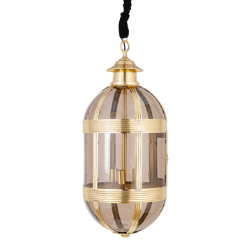 Pendant lamp made of glass and metal, antique brass look, oval design, with canopy, L – Mikk | PTMD