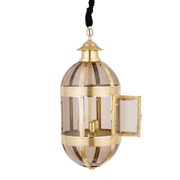 Pendant lamp made of glass and metal, antique brass look, oval design, with canopy, L – Mikk | PTMD