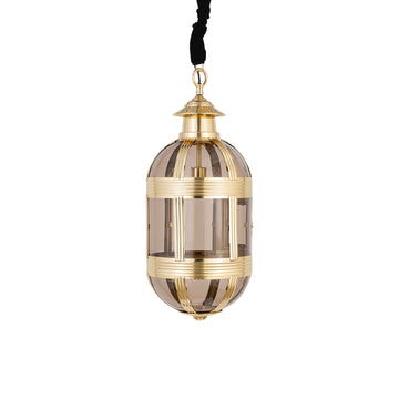Hanging lamp made of glass and metal, antique brass look, oval design, with canopy, S – Mikk | PTMD