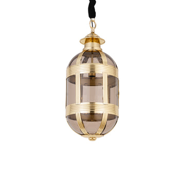 Hanging lamp made of glass and metal, antique brass look, oval design, with canopy, S – Mikk | PTMD