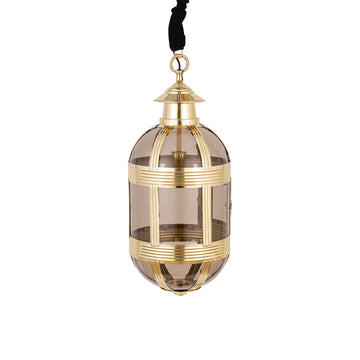 Hanging lamp made of glass and metal, antique brass look, oval design, with canopy, S – Mikk | PTMD
