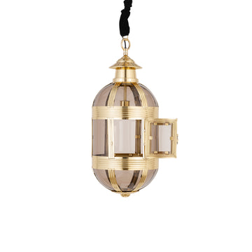 Hanging lamp made of glass and metal, antique brass look, oval design, with canopy, S – Mikk | PTMD