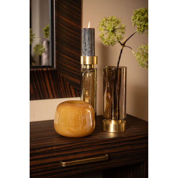 Vase – Amber Glass, Round Shape, Metal Accent, Solid Glass, Low – Morrible | PTMD