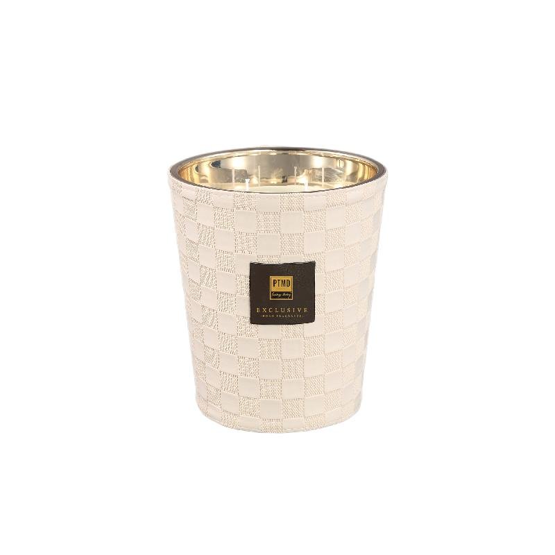 Kerze aus Glas mit Lederdetail & handveredeltem Finish (1,4 kg) – Clean Linen | PTMD - Esszett Luxury | Stilvolles Wohnen mit Charakter
