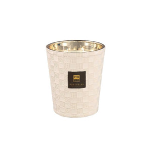 Kerze aus Glas mit Lederdetail & handveredeltem Finish (1,4 kg) – Clean Linen | PTMD - Esszett Luxury | Stilvolles Wohnen mit Charakter