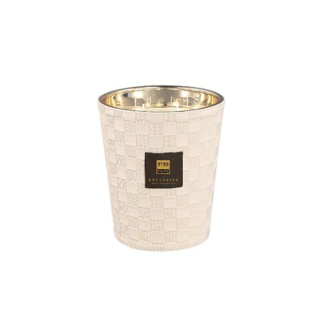 Kerze aus Glas mit Lederdetail & handveredeltem Finish (1,4 kg) – Clean Linen | PTMD - Esszett Luxury | Stilvolles Wohnen mit Charakter