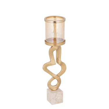 Kerzenständer – Goldfarbenes Aluminiumguss, Travertinstein Sockel, Glaselement, L – Sianaine | PTMD