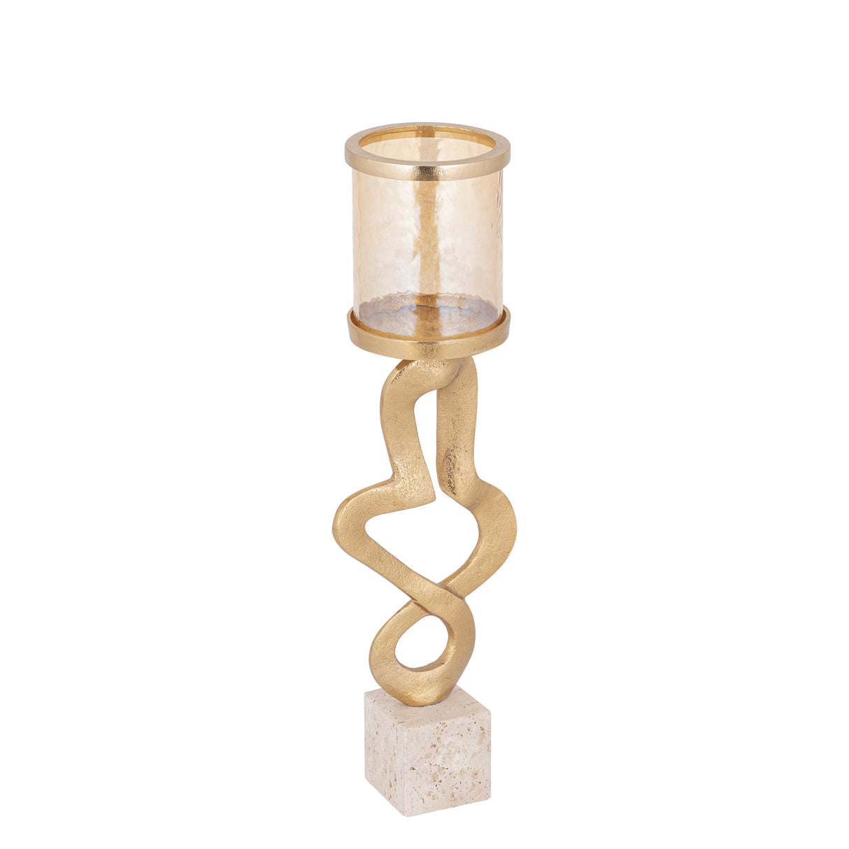 Kerzenständer – Goldfarbenes Aluminiumguss, Travertinstein Sockel, Glaselement, L – Sianaine | PTMD