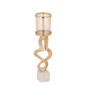 Kerzenständer – Goldfarbenes Aluminiumguss, Travertinstein Sockel, Glaselement, L – Sianaine | PTMD