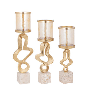 Kerzenständer – Goldfarbenes Aluminiumguss, Travertinstein Sockel, Glaselement, L – Sianaine | PTMD