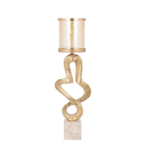 Kerzenständer – Goldfarbenes Aluminiumguss, Travertinstein Sockel, Glaselement, L – Sianaine | PTMD