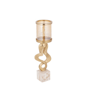 Candlestick - Gold-colored cast aluminum, Travertine stone base, Glass element, M - Sianaine | PTMD