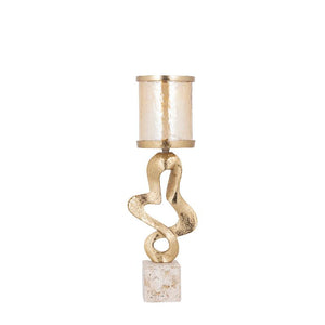 Candlestick - Gold-colored cast aluminum, Travertine stone base, Glass element, M - Sianaine | PTMD