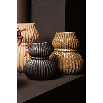 Vase - Ceramic Stoneware, Ribbed Design, Black, M - Halta | PTMD