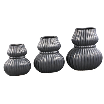 Vase - Ceramic Stoneware, Ribbed Design, Black, L - Halta | PTMD