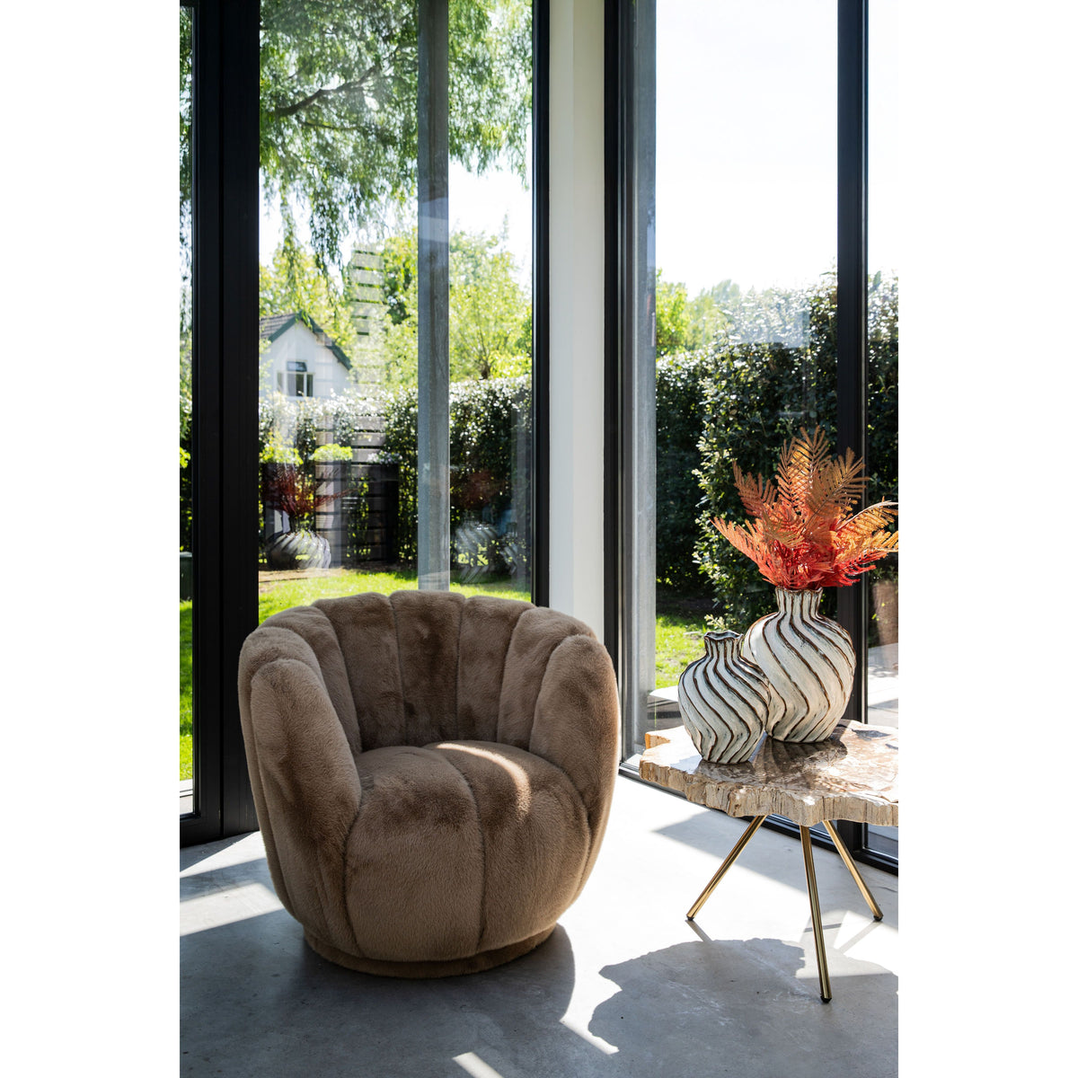 Armchair – Fur-Look Fabric Upholstery, Mocca Finish, Padded Seat – Furia | PTMD
