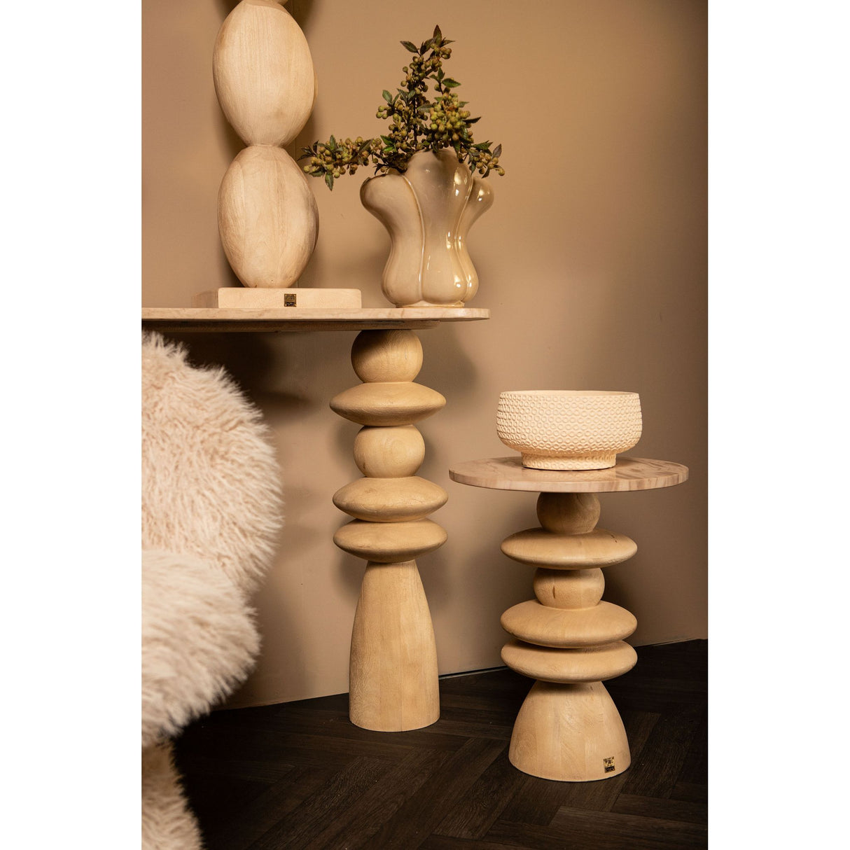 Side Table - Mango Wood, Natural Tone, Marble Top, Round Shape, Solid Look, S – Callain | PTMD