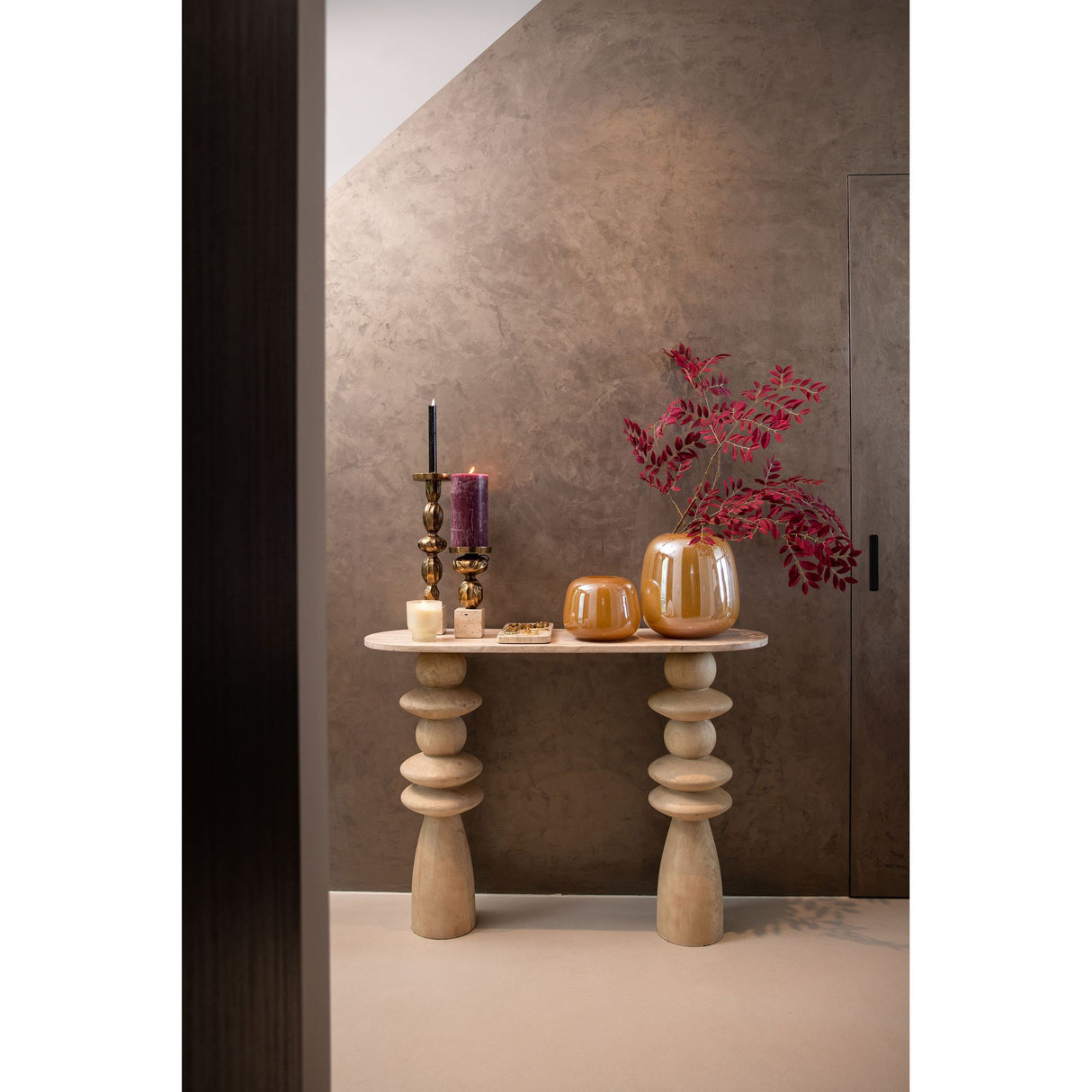 Side table - mango wood, natural tone, marble top, oval shape, solid look – Callain | PTMD