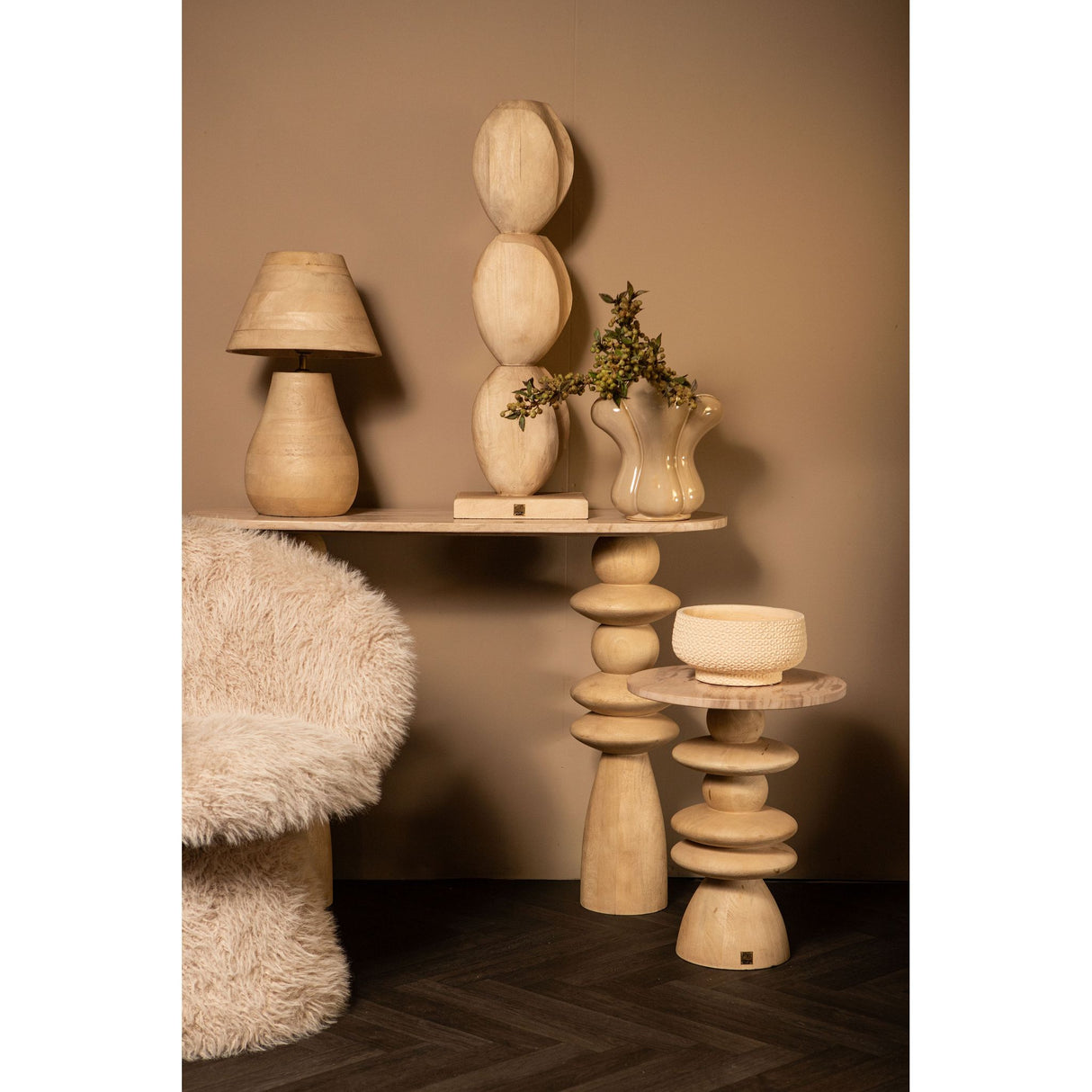 Side table - mango wood, natural tone, marble top, oval shape, solid look – Callain | PTMD