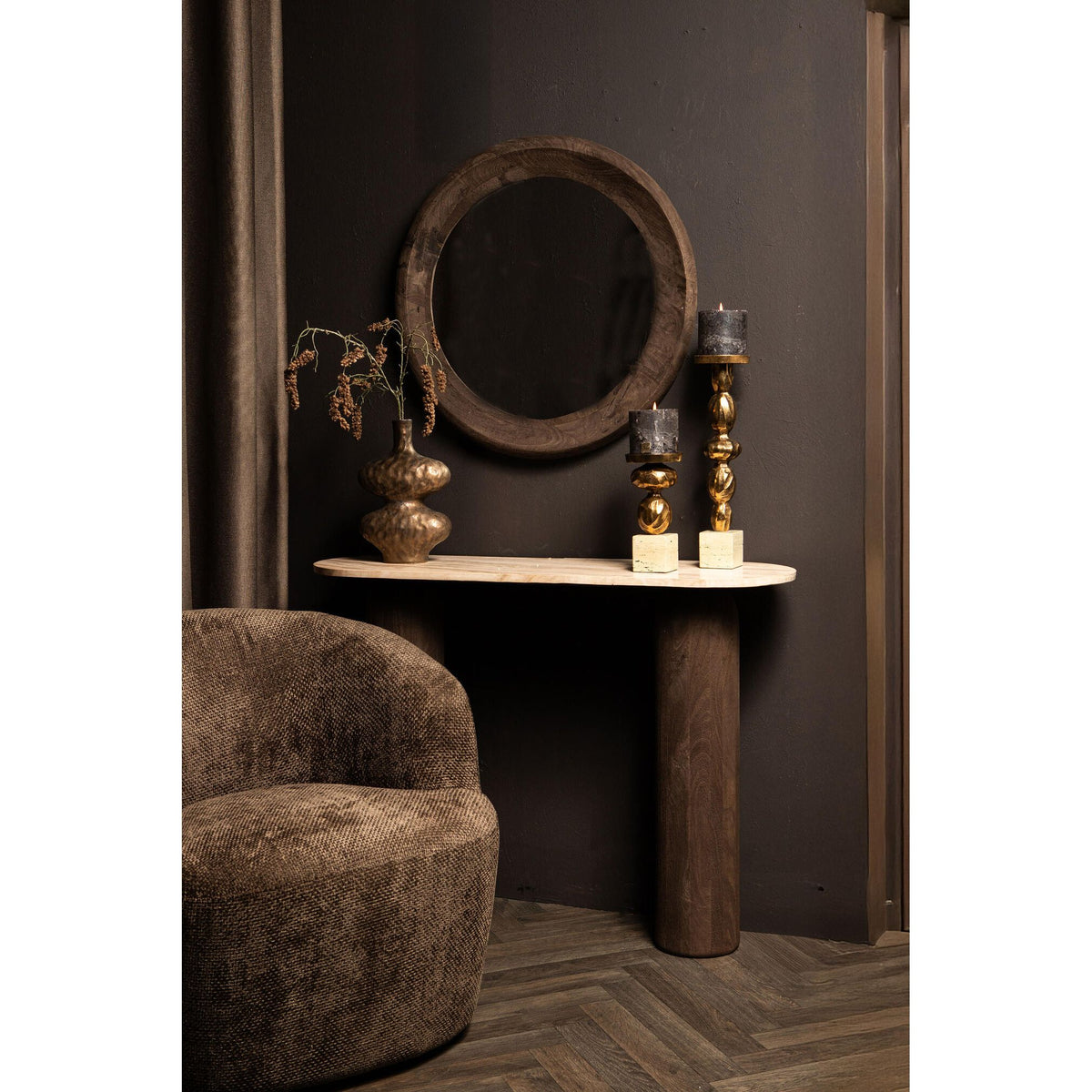 Wandspiegel aus Mangoholz mit runder Form, massivem Rahmen und Braun-Finish, S – Noam | PTMD