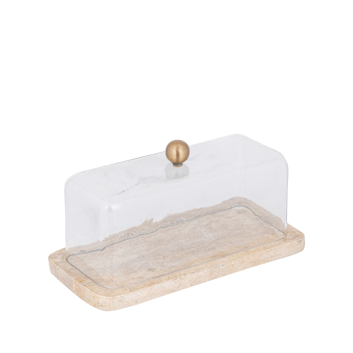Glasglocke - Glas, Travertin-Marmor-Sockel, Metallgriff, rechteckige Form, Gold – Lyron | PTMD