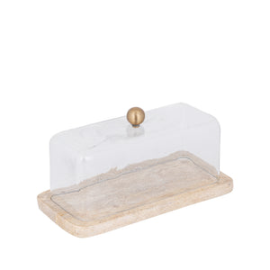 Glasglocke - Glas, Travertin-Marmor-Sockel, Metallgriff, rechteckige Form, Gold – Lyron | PTMD