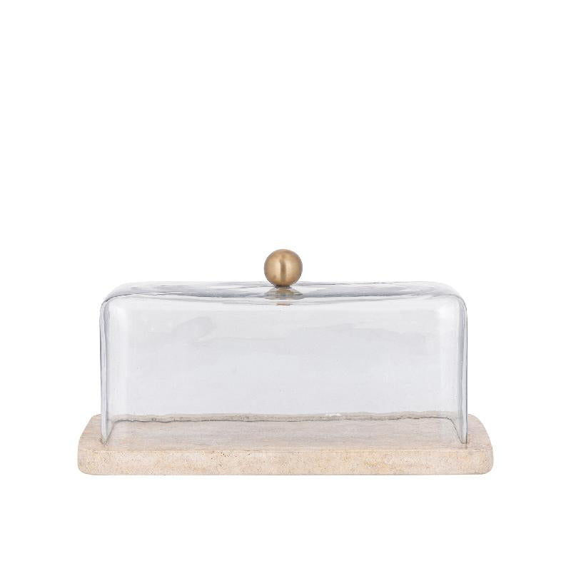 Glasglocke - Glas, Travertin-Marmor-Sockel, Metallgriff, rechteckige Form, Gold – Lyron | PTMD