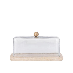 Glasglocke - Glas, Travertin-Marmor-Sockel, Metallgriff, rechteckige Form, Gold – Lyron | PTMD