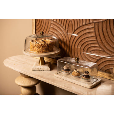 Glass dome - glass, travertine marble base, metal handle, round shape, gold, L – Lyron | PTMD