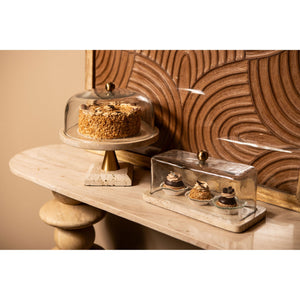 Glasglocke - Glas, Travertin-Marmor-Sockel, Metallgriff, runde Form, Gold, L – Lyron | PTMD