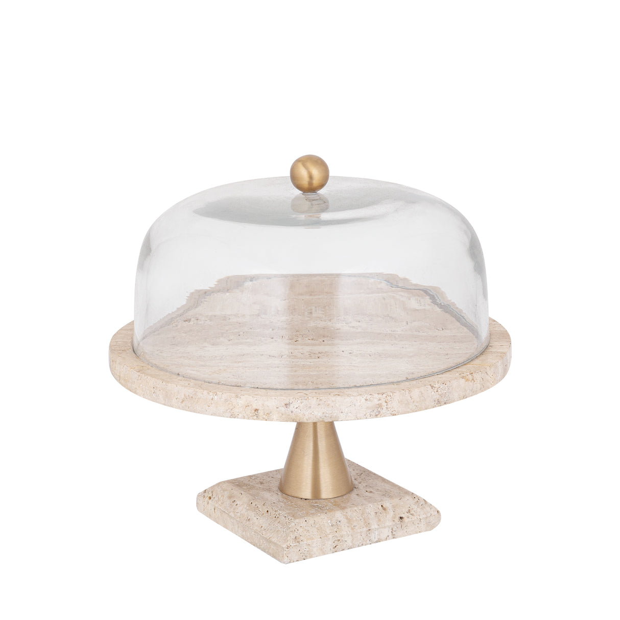 Glasglocke - Glas, Travertin-Marmor-Sockel, Metallgriff, runde Form, Gold, L – Lyron | PTMD