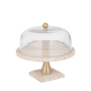 Glasglocke - Glas, Travertin-Marmor-Sockel, Metallgriff, runde Form, Gold, L – Lyron | PTMD