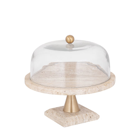 Glasglocke - Glas, Travertin-Marmor-Sockel, Metallgriff, runde Form, Gold, L – Lyron | PTMD image