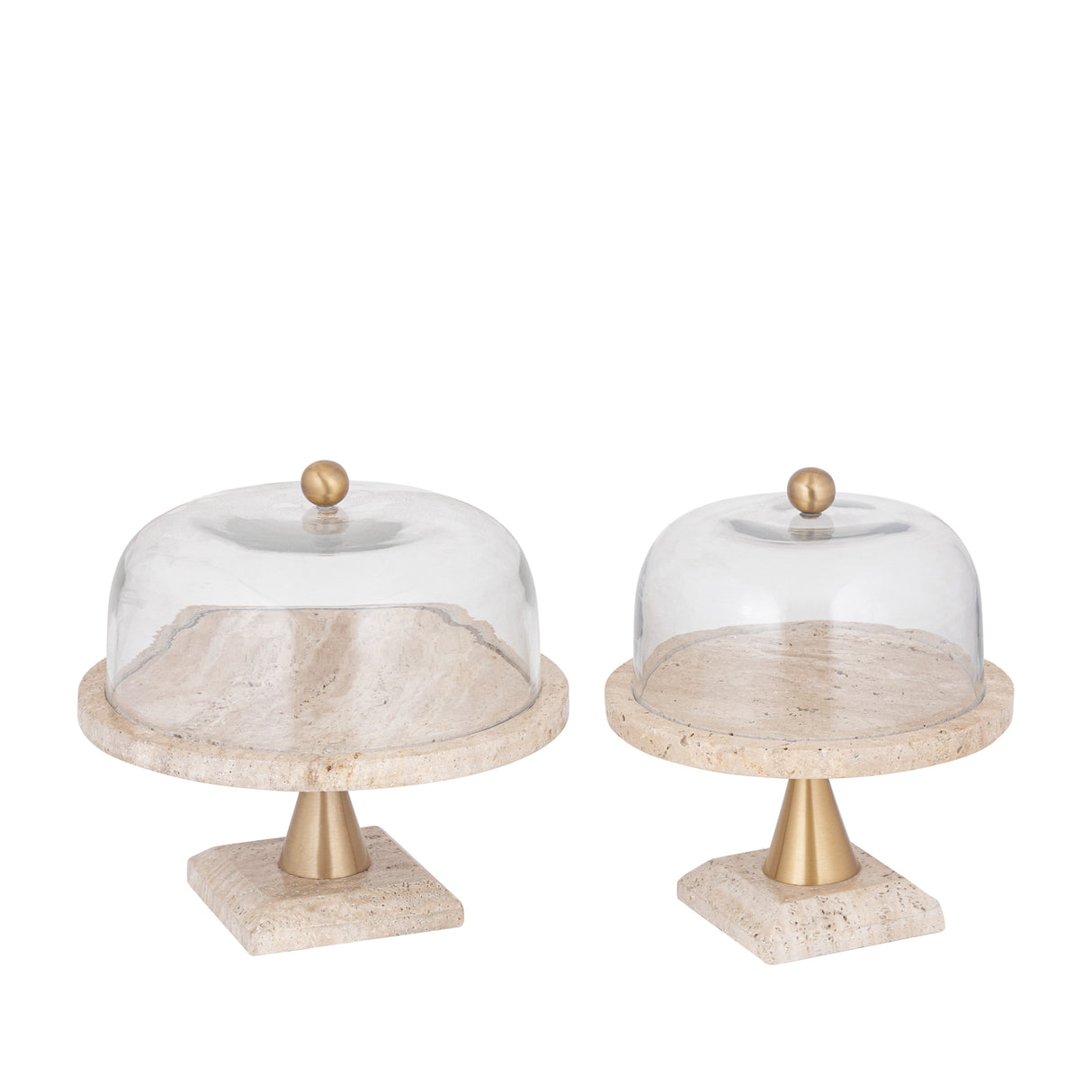 Glasglocke - Glas, Travertin-Marmor-Sockel, Metallgriff, runde Form, Gold, L – Lyron | PTMD
