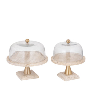 Glasglocke - Glas, Travertin-Marmor-Sockel, Metallgriff, runde Form, Gold, L – Lyron | PTMD