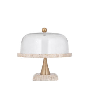 Glasglocke - Glas, Travertin-Marmor-Sockel, Metallgriff, runde Form, Gold, L – Lyron | PTMD