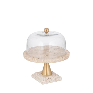 Glass Dome - glass, travertine marble base, metal handle, round shape, gold, S – Lyron | PTMD