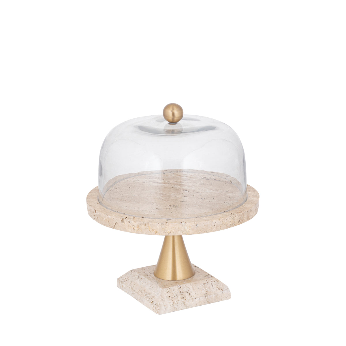 Glasglocke - Glas, Travertin-Marmor-Sockel, Metallgriff, runde Form, Gold, S – Lyron | PTMD