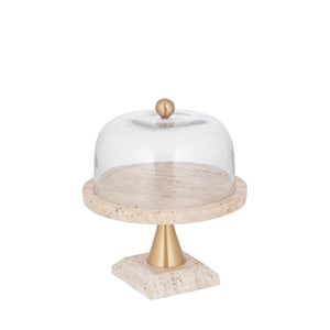 Glasglocke - Glas, Travertin-Marmor-Sockel, Metallgriff, runde Form, Gold, S – Lyron | PTMD