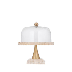 Glasglocke - Glas, Travertin-Marmor-Sockel, Metallgriff, runde Form, Gold, S – Lyron | PTMD