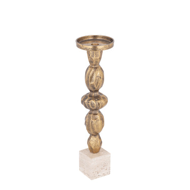 Kerzenständer – Goldfarbenes Aluminiumguss, Travertinsockel, Schlanke Form, L – Malines | PTMD