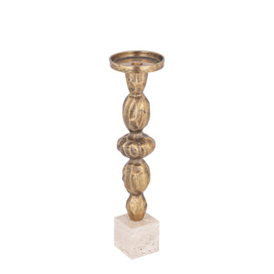Kerzenständer – Goldfarbenes Aluminiumguss, Travertinsockel, Schlanke Form, L – Malines | PTMD
