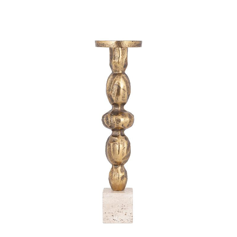 Kerzenständer – Goldfarbenes Aluminiumguss, Travertinsockel, Schlanke Form, L – Malines | PTMD